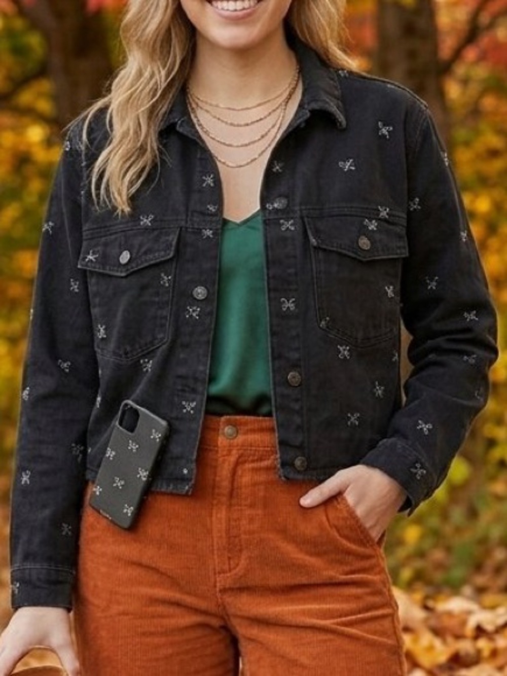 Stoosh Vintage Black Cropped Denim Jacket with White Embroidered Butterflies - S